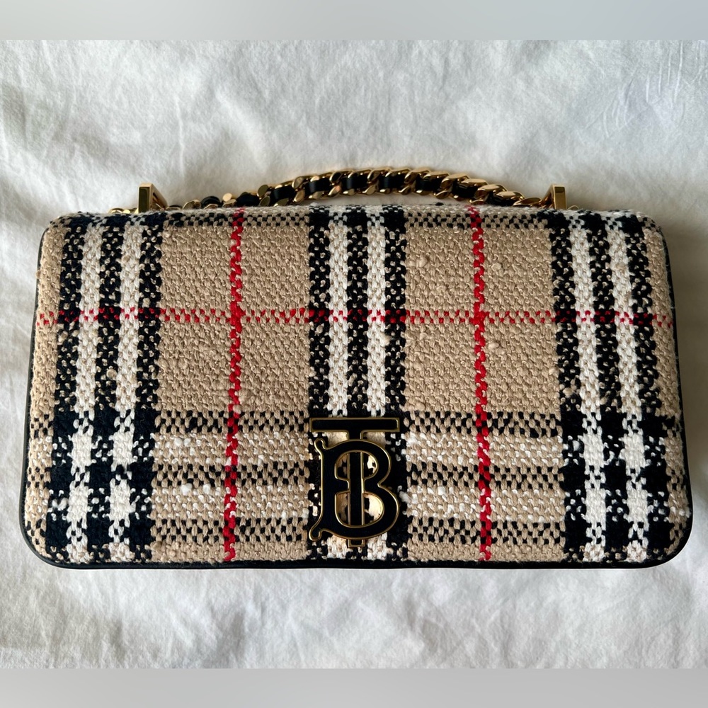 Burberry Beige Black Red Check Woven Crossbody Bag with Gold Chain - Picture 2 of 8